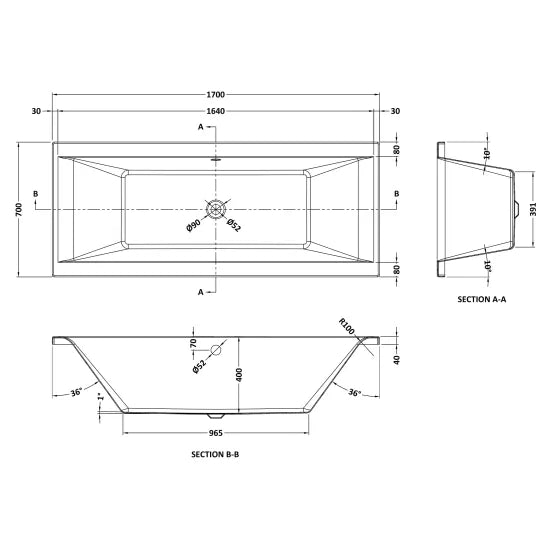 Square Double Ended Bath With Legs 1700 x 700mm