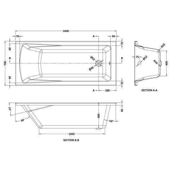 Square Single Ended Bath With Legs 1600 x 700mm