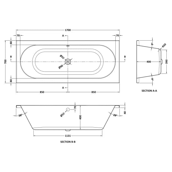 Double Ended Bath With Legs 1700 x 700mm