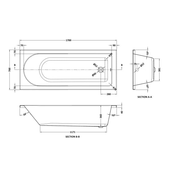 Single Ended Bath With Legs 1700 x 700mm
