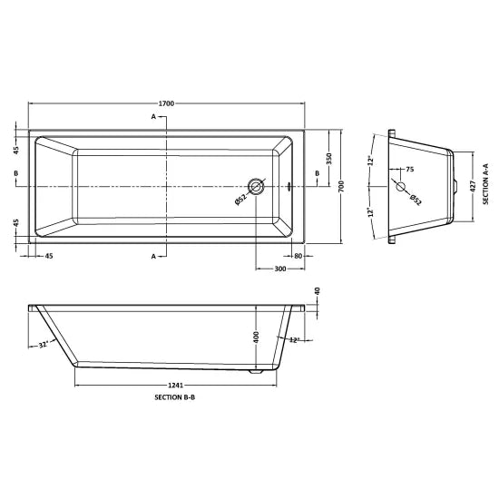 1700mm Single Ended Bath With Legs 1700 x 700mm
