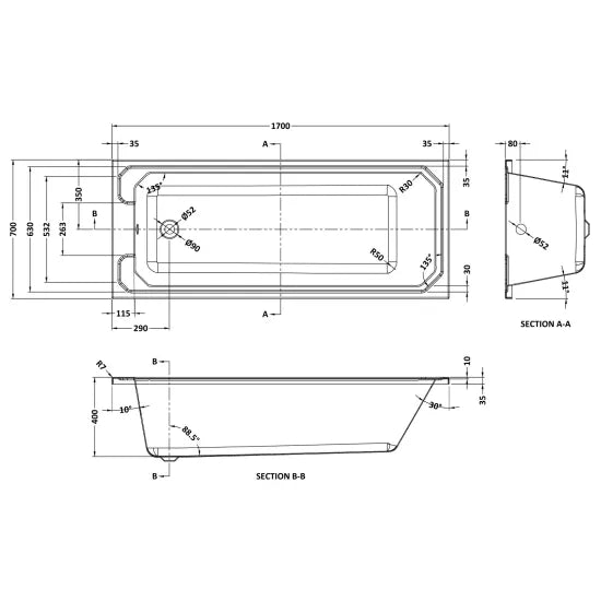 Art Deco Single Ended Bath With Legs 1700 x 700mm