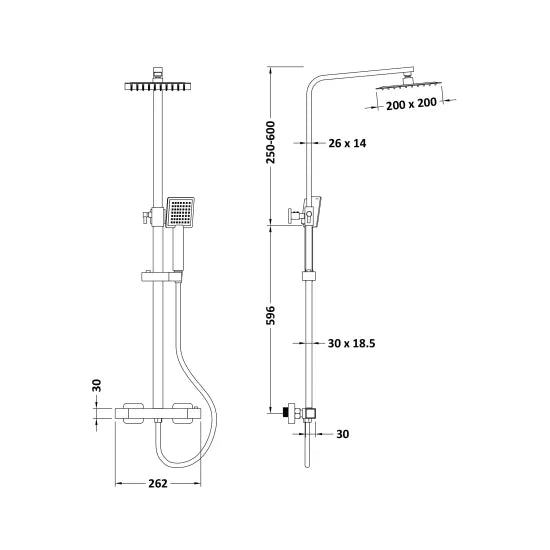 Brass Square bar shower with drencher and sliding handset