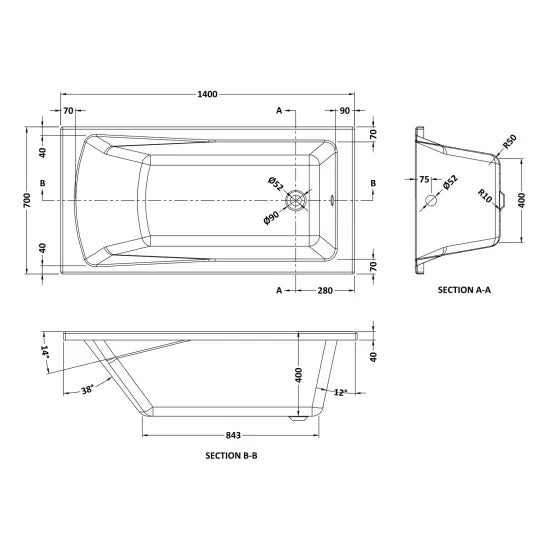 Square Single Ended Bath With Legs 1400 x 700mm