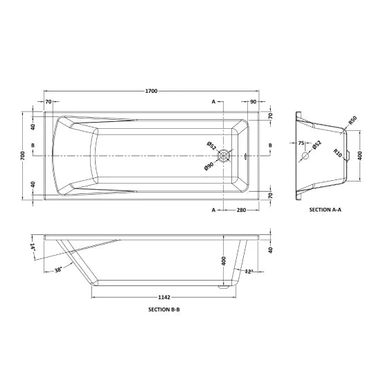 Square Single Ended Bath With Legs 1700 x 700mm