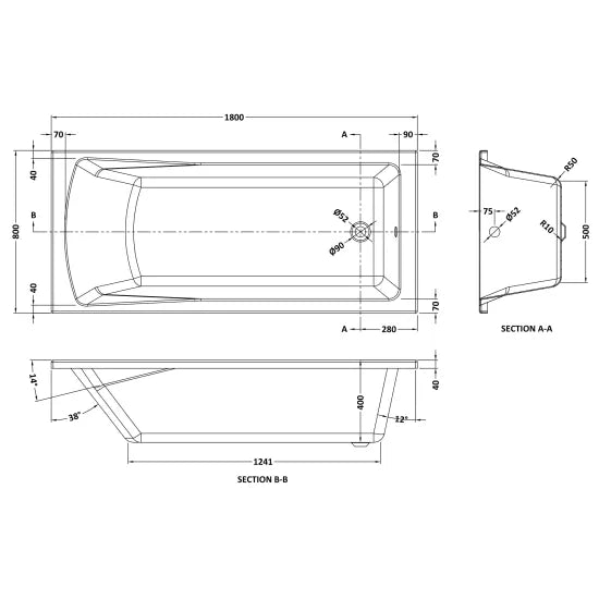 Square Single Ended Bath With Legs 1800 x 700mm