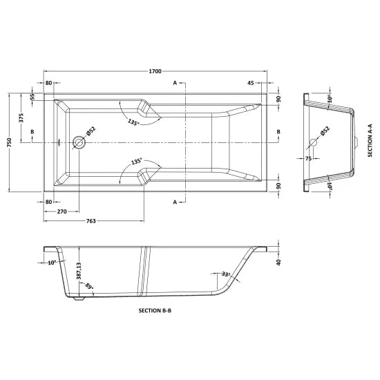 Straight Square Single Ended Bath With Legs 1700 x 700mm